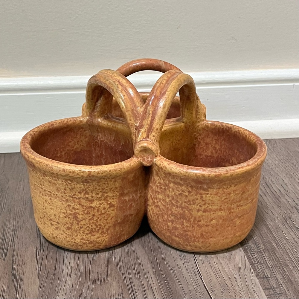 Art Pottery Triple  dip or condiment bowls signed by artist